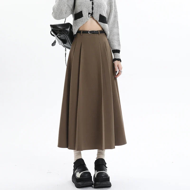 Woolen Pleated Womens 2025 New Autumn Winter Wool High Waist Ladies Elegant A-line Long Skirt