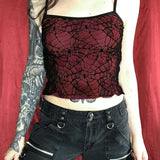 Gothic High Street Sexy Mesh Lace Backless Ruffle Sleeveless Crop Top