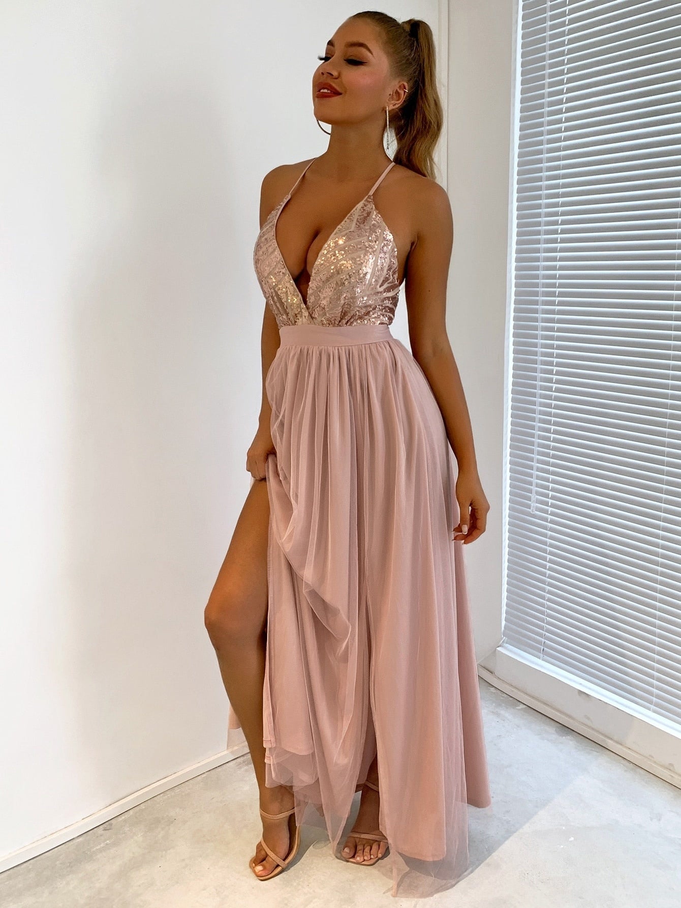 Elegant Sequins Mesh Stitching Long Party Dress