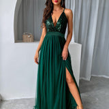 Elegant Sequins Mesh Stitching Long Party Dress