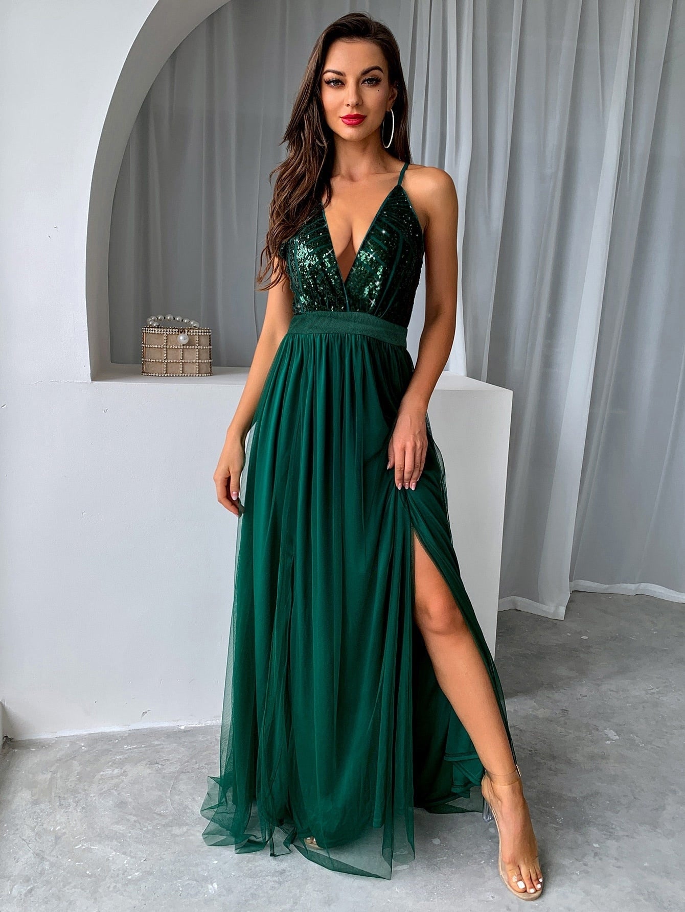 Elegant Sequins Mesh Stitching Long Party Dress