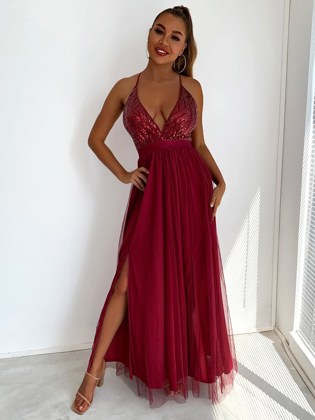 Elegant Sequins Mesh Stitching Long Party Dress