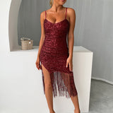 Split Thigh Fringe Hem Sequin Bodycon Dress