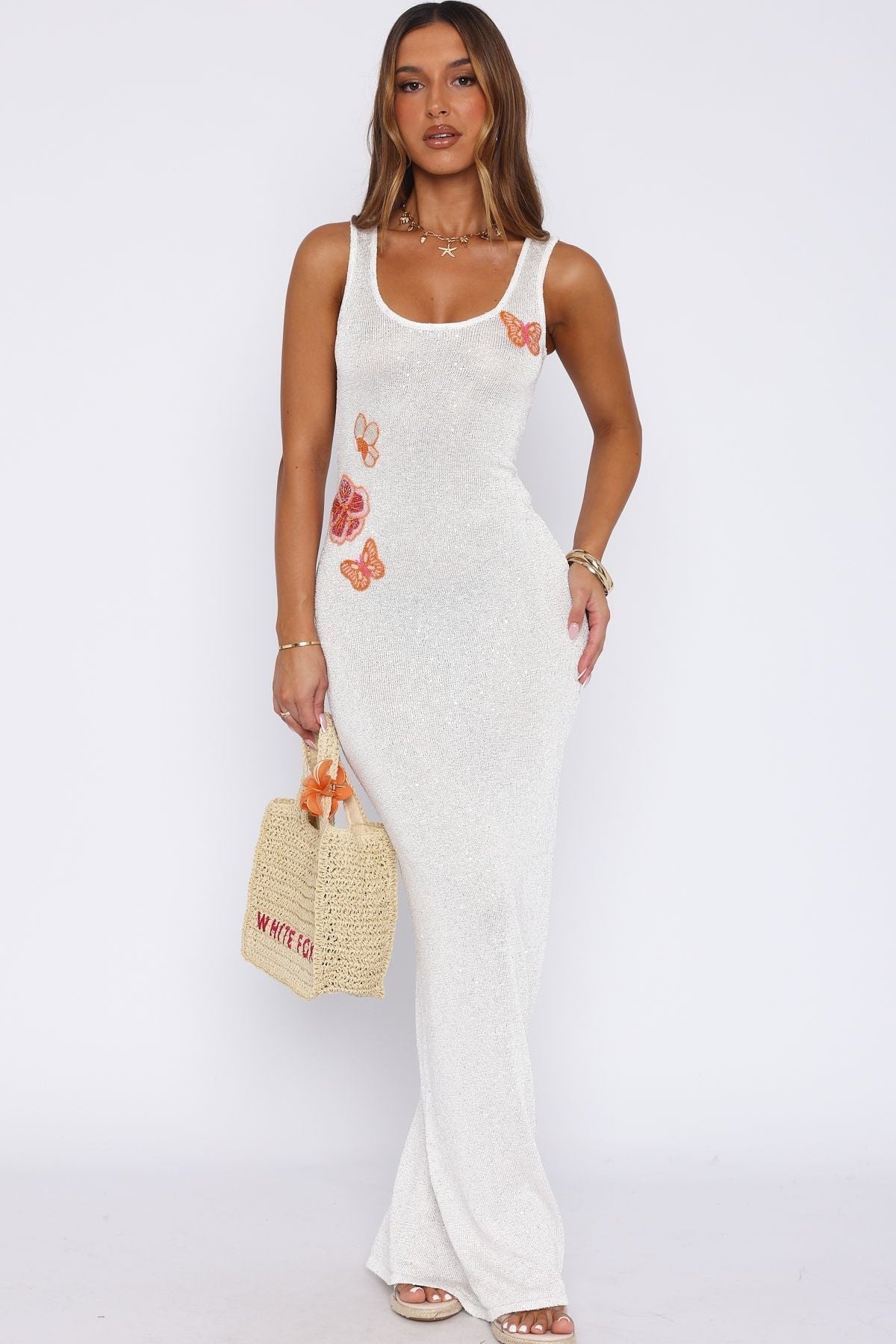 Butterfly Blossom Sequin Knit Maxi Dress White