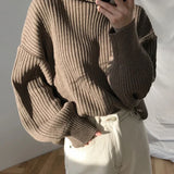 Korean Simple Lazy Wind Loose Long Sleeve Office Lady Knitted Pullovers Vintage Autumn Sweater