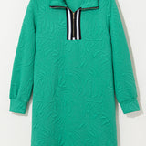Sea Green Jacquard Textured Quarter Zipper Shift Mini Dress