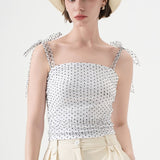 Polka Dot Halter Cropped Ruched Tie Front Tank Top