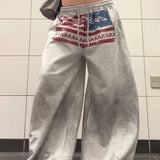 Retro Gray Graphic Drawcord Baggy Sweat Pants