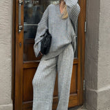 Relaxed Fit V Neck Ribbed Sweater with Pants Two Piece Pants Set