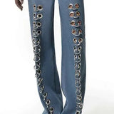 Metal Hole Hollow Out Straight Jeans