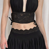 Solid Lace Deep V Slim Halter Skirt Set