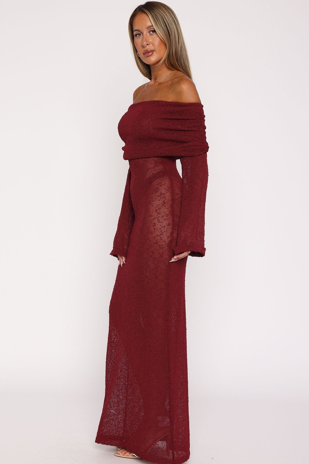Made It Out Long Sleeve Boucle Maxi Dress Burgundy