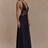 Lace Patchwork Backless Halter Boho Dress