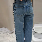 Beaded High Waist Straight Leg Jeans
