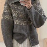 Ribbed Knit Fair Isle Zip Cardigan