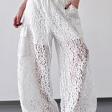 White Lace Cutout Casual Wide Leg Pants