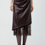 Elegant Lace Trim Leather Skirt