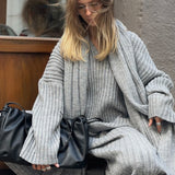 Relaxed Fit V Neck Ribbed Sweater with Pants Two Piece Pants Set