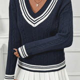 Contrast V-Neck Cable Knit Sweater
