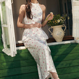 Satin Printed Bubble Hem Vest Maxi Skirt Two Piece Set