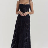 Dainty Lace Spaghetti Strap Tie Waist  Prom Dress