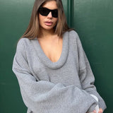 3D V Neck Paneled Oversized Solid Sweater