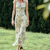Leaf Edge V-neck Ruffle Vacation Floral Dress
