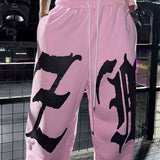 Drapey Letter Graphic Drawcord Curved Sweat Pants