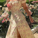 Printed Open Back Slim Split Floral Dress