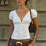 Lace Paneled V Neck Puff Short Sleeve Blouse