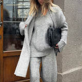 Relaxed Fit V Neck Ribbed Sweater with Pants Two Piece Pants Set