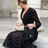 Polka Dot Print V-Neck Long Sleeve Maxi Dress