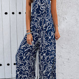 Printed Wide Strap Jumpsuit with Pockets