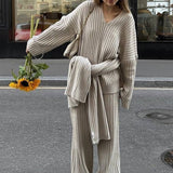 Relaxed Fit V Neck Ribbed Sweater with Pants Two Piece Pants Set
