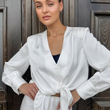 Satin Acetate-like V Neck Tie Long Sleeve Skirt Set