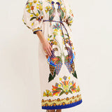 Exquisite And Fun Printed Puff Sleeves Loose Casual Midi Dress