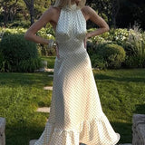 Polka Dot Backless Satin Maxi Dress