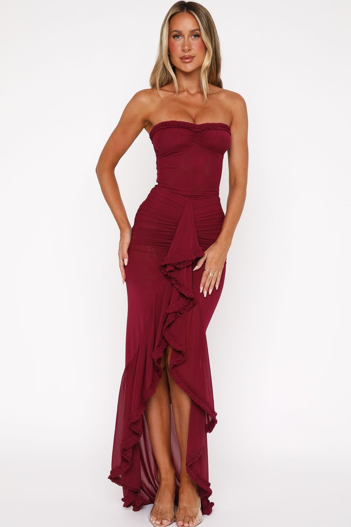 Still Got It Mesh Maxi Dress Dark Burgundy