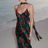 Floral Deep V Backless Maxi Dress