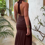 Halter V-Neck Backless Ruched High Slit Party Dress