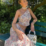 Light Pink Purple Floral One Shoulder Sleeveless Two Piece Set