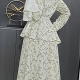 Long Sleeve Small Floral Waist Cinch Top Midi Skirt Two Piece Set