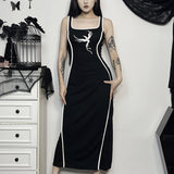 Gothic Square Neck Tank Sexy Sleeveless High Waist White Embroidery Bodycon Dress