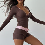 Cross V Neck Contrast Slim Long Sleeve Two Piece Set