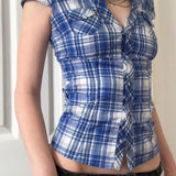 British Plaid Ruffled V Neck Puff Sleeve Blouse