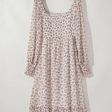 White Floral Print Shirred Ruffled Hem Square Neck Midi Dress