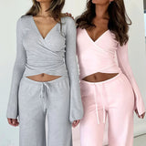 Y2K Sexy V-Neck Fitted Top Casual Pants Two Piece Set