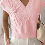 Deep V Solid Knit Short Sleeve Sweater