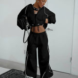 Color Block Striped Hooded Zipper Loose Two Piece Set