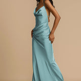 Solid Color Draped Collar Backless Evening Dress